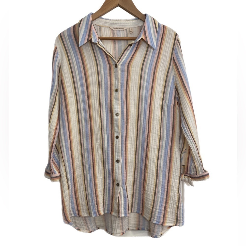Soft Surroundings pastel striped 3/4 sleeve button up w/ tie cuffs 100% cotton